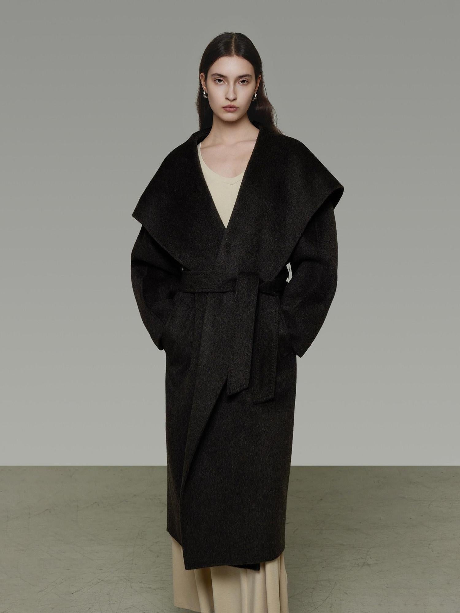 unspoken Pure Sheepswool Long Belted Lapel Loose Tailored Office Coffee Brown Wool Coats
