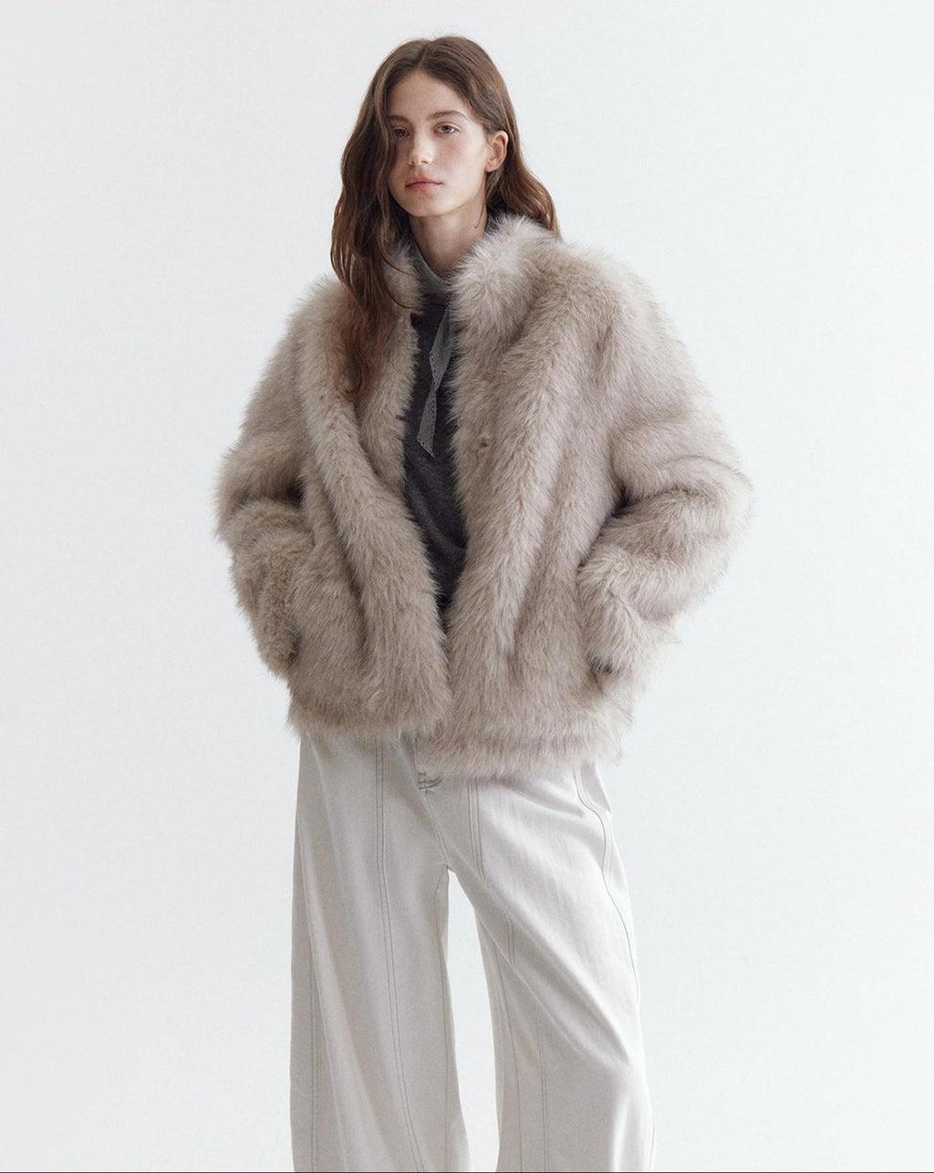 fano Warm Faux Fur Lined Oversized Stand Collar Casual Women Grey Apricot Short Coat