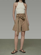 unspoken High Waist Drawstring Minimalist Workwear Cotton Blend Khaki Mid-Length Shorts