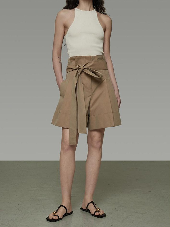 unspoken High Waist Drawstring Minimalist Workwear Cotton Blend Khaki Mid-Length Shorts