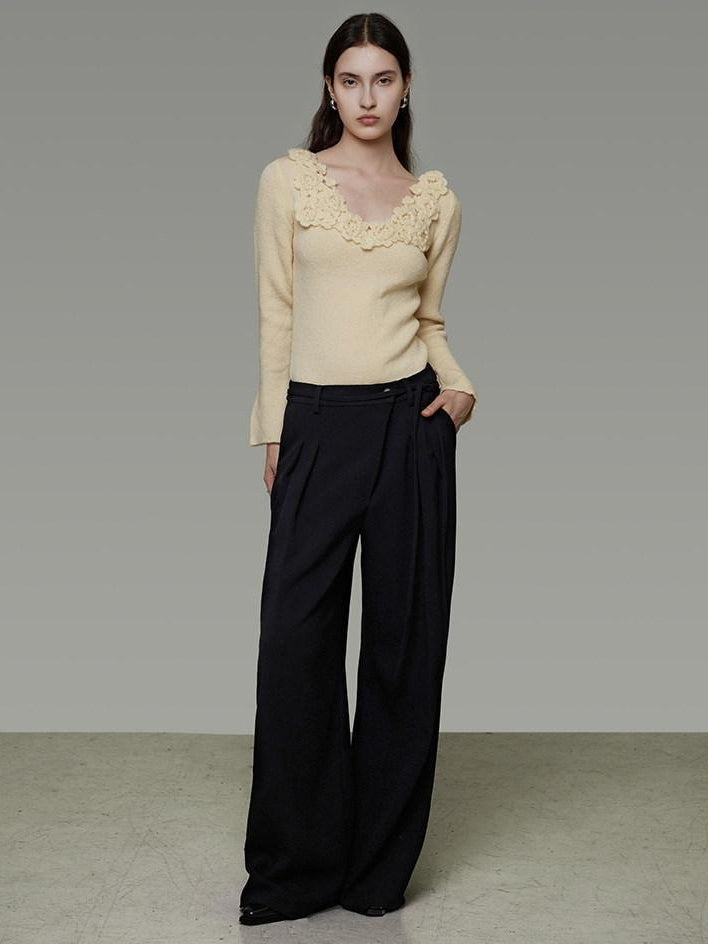 unspoken High Waist Tie Detail Minimalist Breathable Office Black Polyester Wide Leg Pants