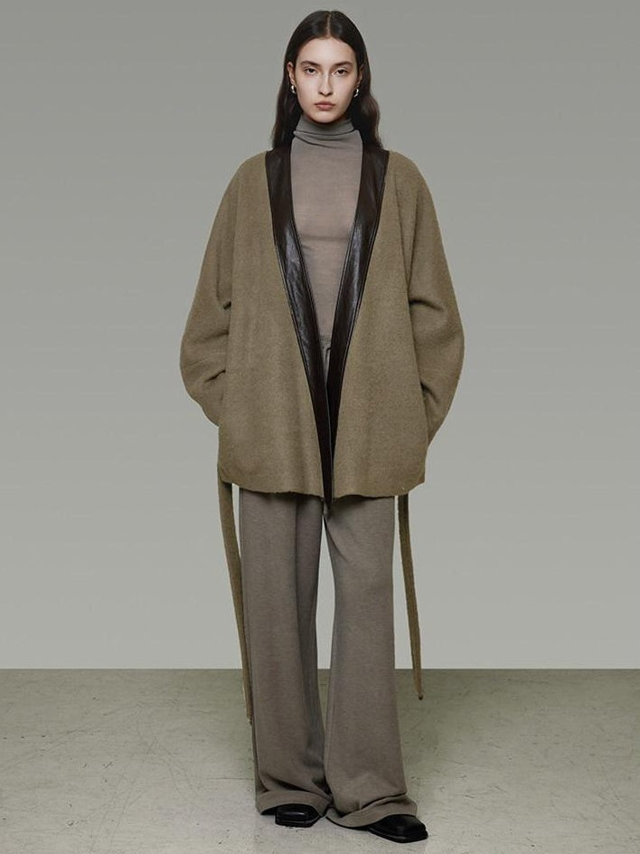 unspoken Minimal Patchwork Loose Fit V-neck Tie Closure Women Commuter Wool Coats