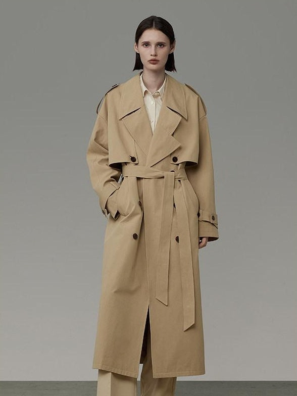 unspoken Pure Cotton Double Breasted Long Straight Minimal Women Khaki Trench Coats