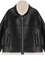 fano Thick Loose Fit Commuter Viscose Zipper Women Black Leather Jackets