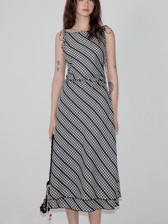 fano Plaid Waist Defining Korean Office A Line Round Neck Casual Women Maxi Dresses