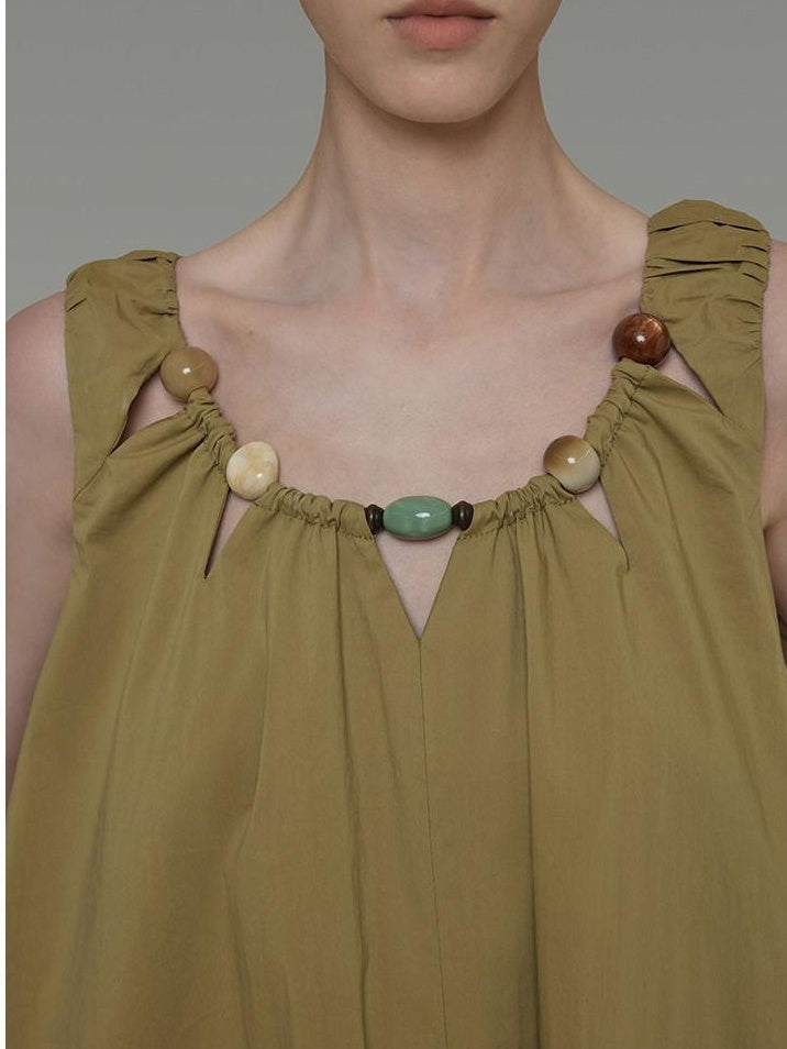 unspoken Khaki Beige Colorblock Sleeveless H Line Round Neck Loose Waist Maxi Dresses