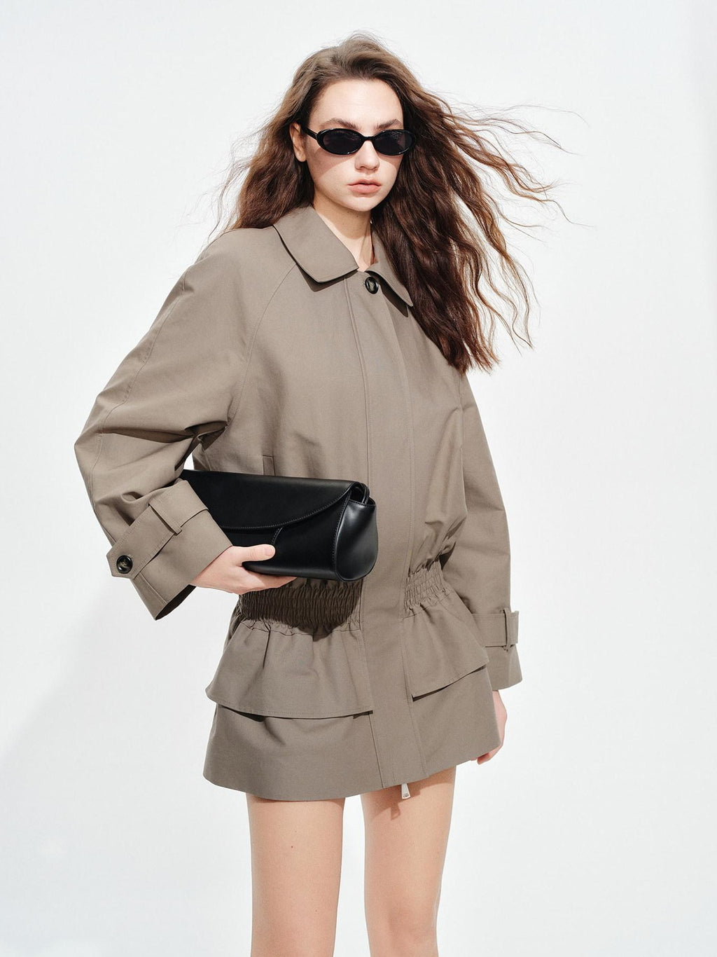 audreyyang Ruched Cotton Mid Length Zip Elastic Hem Long Sleeve Women Gray Cropped Jackets