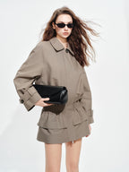 audreyyang Ruched Cotton Mid Length Zip Elastic Hem Long Sleeve Women Gray Cropped Jackets