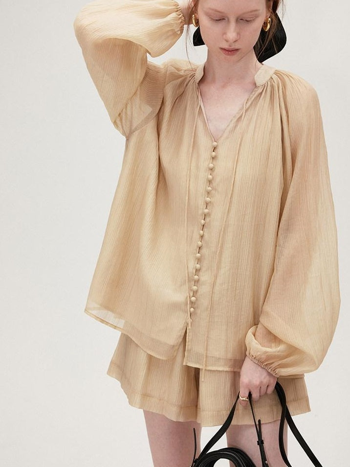 fano Soft Tencel V-neck Long Sleeve Pullover Casual Two Piece Women Blouses
