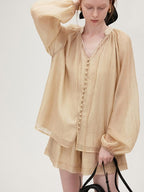 fano Soft Tencel V-neck Long Sleeve Pullover Casual Two Piece Women Blouses