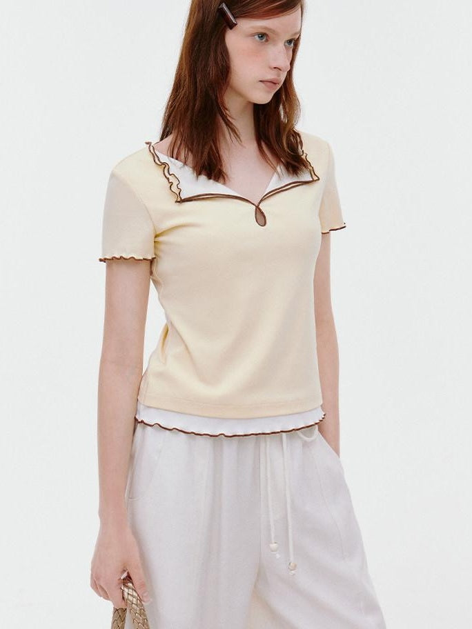fano Lyocell Cotton Blend Slim Fit Korean Commuter Yellow Short Sleeve T-Shirts