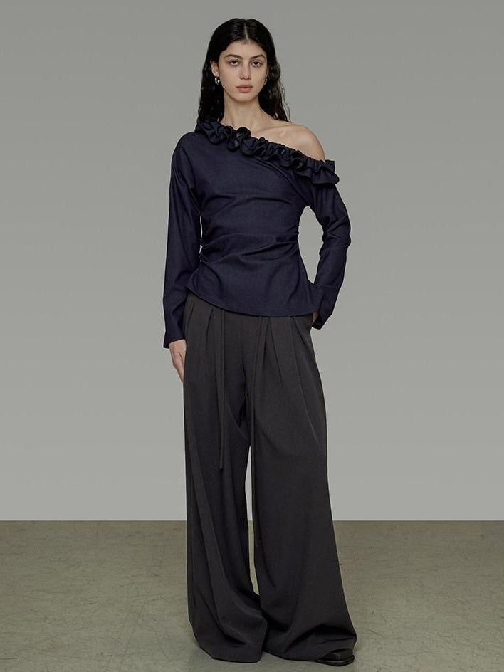 unspoken Warm Slanted Collar Loose Fit Long Sleeve Office Dark Blue Polyester Blouses