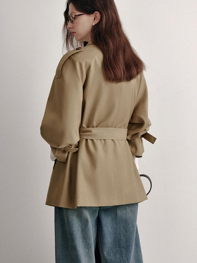 fano Double Breasted Button Front Minimal Commuter Straight Women Khaki Short Coat