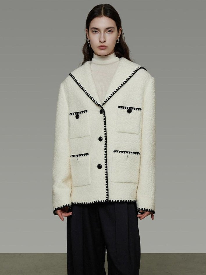 unspoken Lambswool Blend Tailored Loose Minimal Notch Collar Officewear Women Wool Coats