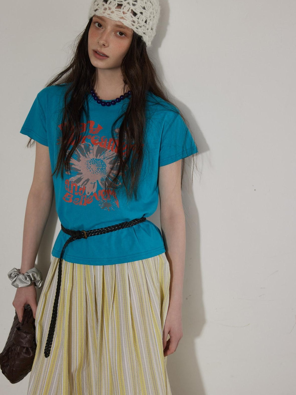 Lofi choose Cotton Floral Printed Loose Casual Round Neck Women Blue Short Sleeve T-Shirts