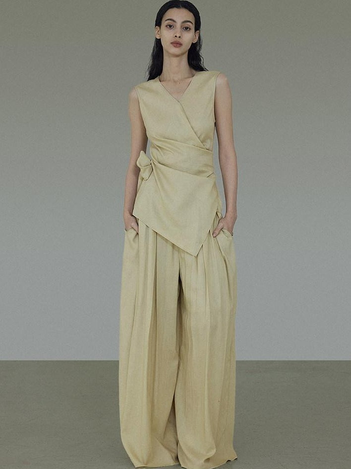 unspoken V-neck Khaki Two Piece Slim Fit Casual Office Women Long Pants Top & Pants Sets
