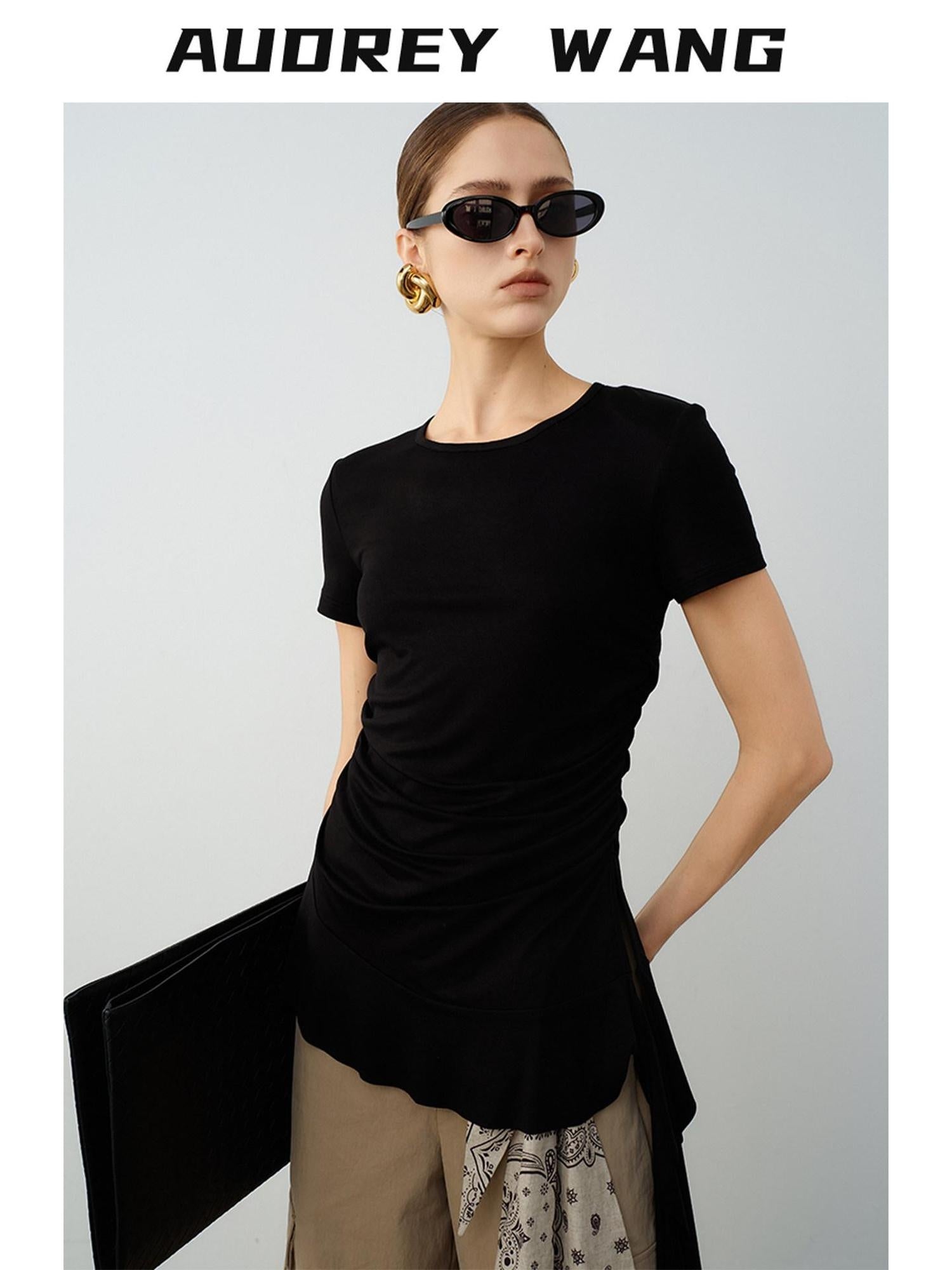 audreyyang Modal Cotton Ruched Commuter Slim Round Neck Womens Black Short Sleeve T-Shirts