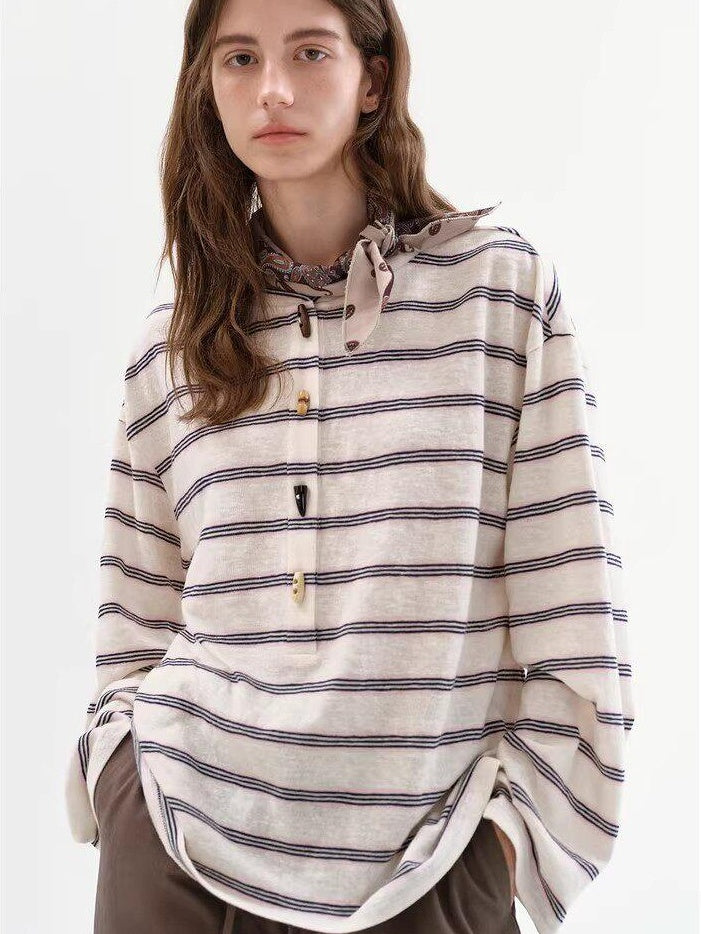 fano Cotton Blend Relaxed Loose Round Neck Women Striped Long Sleeve T-Shirts