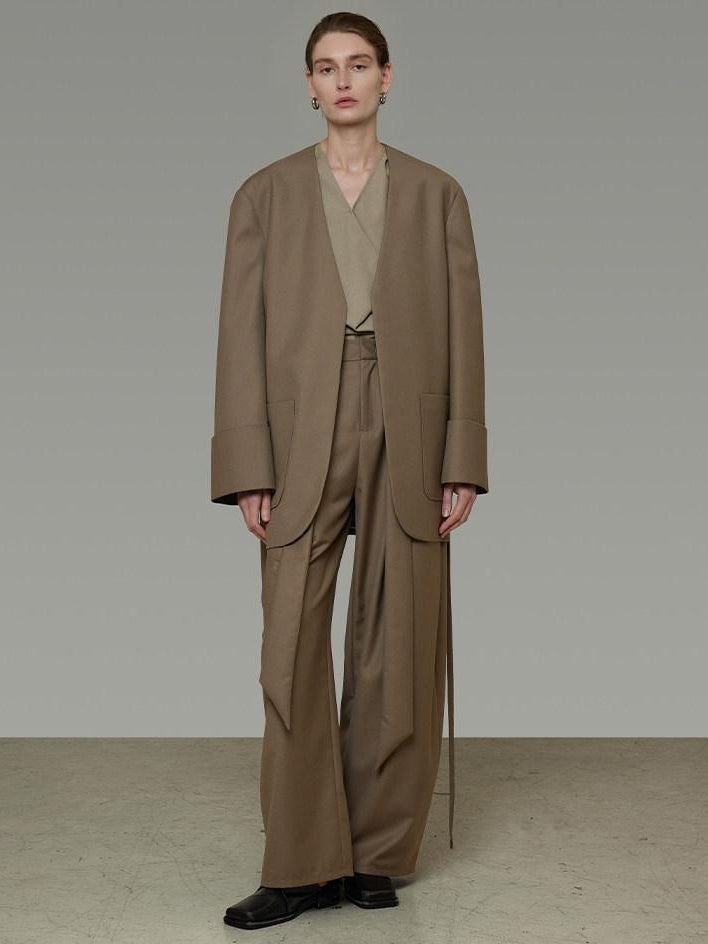 unspoken Minimal Slim Tailored Blazer High Waist Long Pants Women Brown Top & Pants Sets