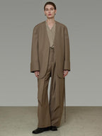 unspoken Minimal Slim Tailored Blazer High Waist Long Pants Women Brown Top & Pants Sets