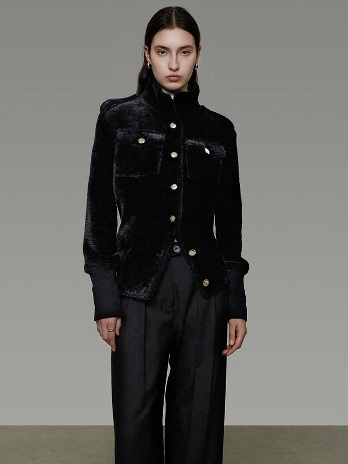 unspoken Tailored Slim Minimalist Commuter Stand Collar Women Black Short Coat
