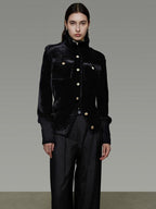 unspoken Tailored Slim Minimalist Commuter Stand Collar Women Black Short Coat