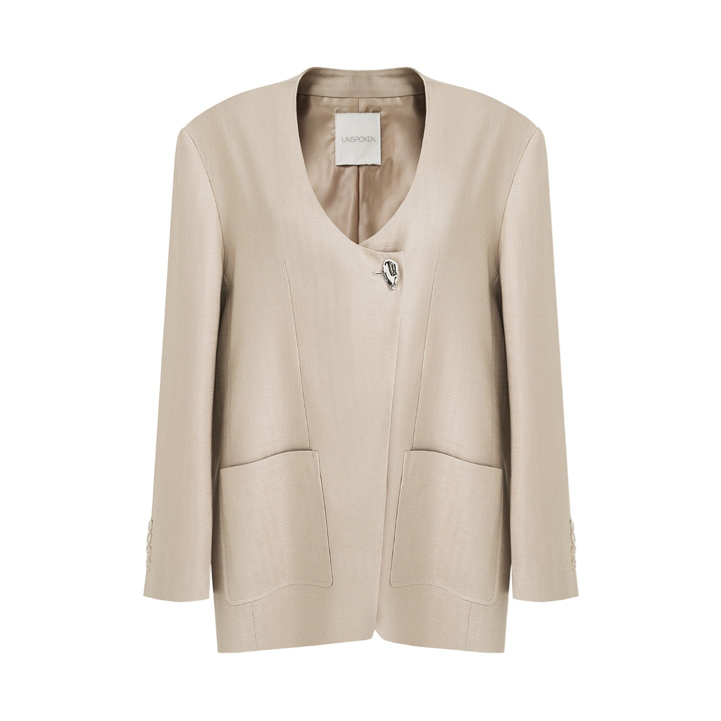 unspoken_Breathable_Tencel_Loose_Collarless_No_Button_Minimalist_Beige_Women_Blazers_MISSTT