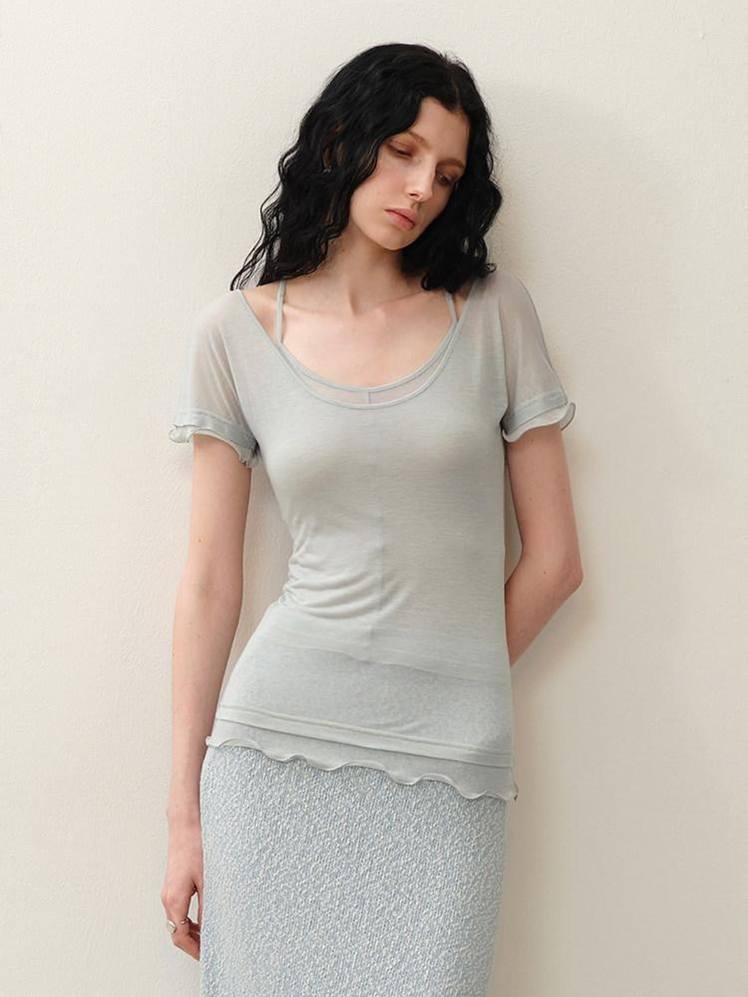 someonesometimes Soft Tencel Lyocell Blend U Neck Two Piece Casual Short Sleeve T-Shirts
