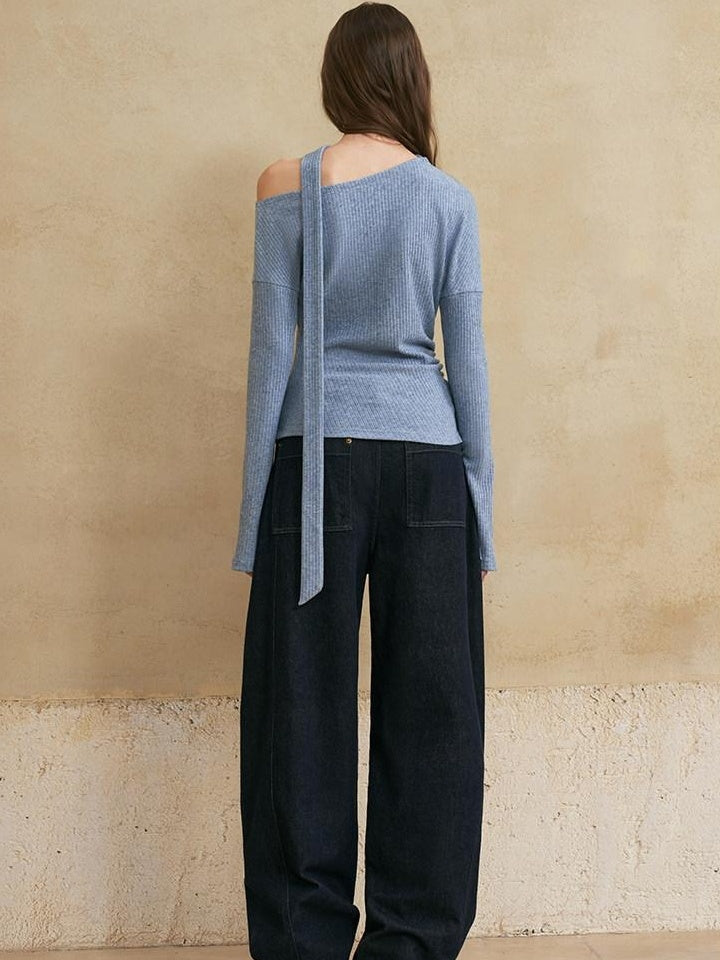 someonesometimes Viscose Blend Casual Slim Asymmetric Neck Knit Long Sleeve Sky Blue Sweaters