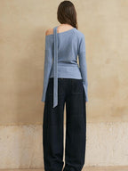 someonesometimes Viscose Blend Casual Slim Asymmetric Neck Knit Long Sleeve Sky Blue Sweaters