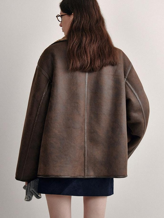 fano Reversible Vintage Straight Stand Collar Women Coffee Brown Short Coat