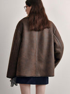 fano Reversible Vintage Straight Stand Collar Women Coffee Brown Short Coat