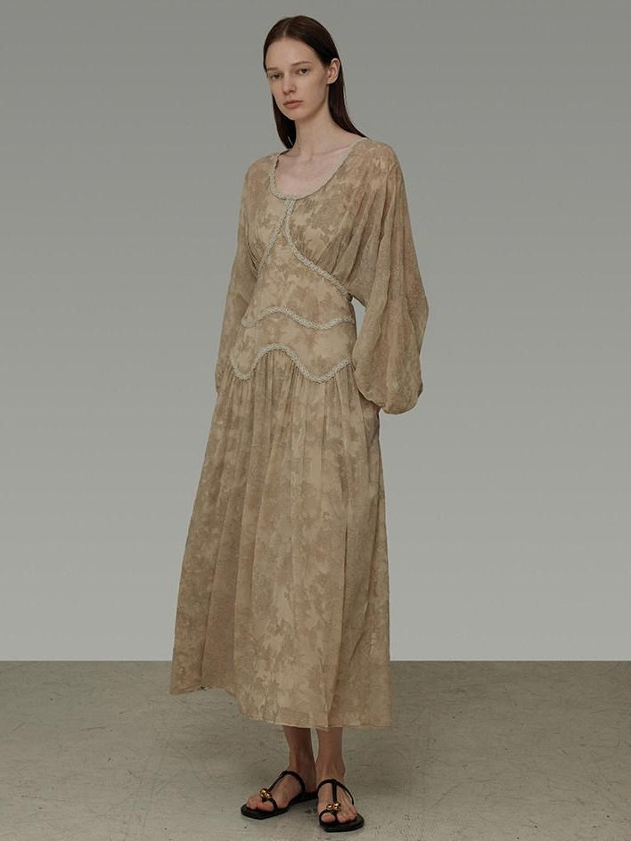 unspoken Casual Jacquard A Line Natural Waist Long Sleeve U Neck Khaki Women Maxi Dresses