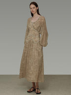 unspoken Casual Jacquard A Line Natural Waist Long Sleeve U Neck Khaki Women Maxi Dresses