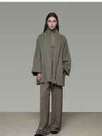 unspoken Soft Wool Blend Tailored Cut Minimal Commuter Loose Fit Tobacco Green Wool Coats