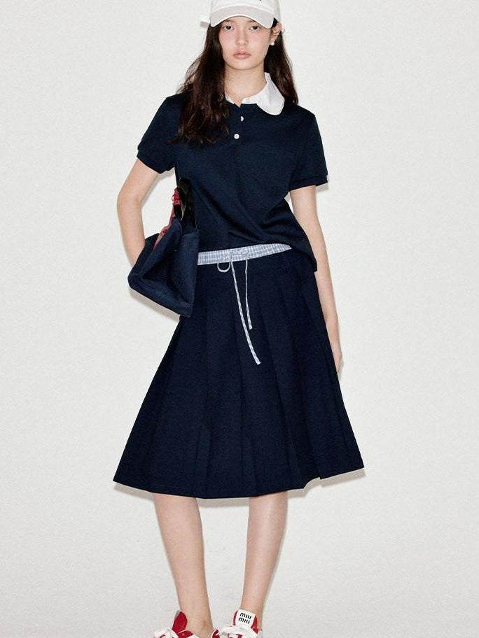 fano Patchwork Slim Korean Henley Neck Cross Navy Short Sleeve T-Shirts