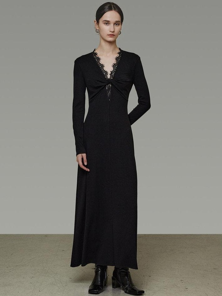 unspoken Lyocell Knit Lace Trim Fitted Waist Minimal Commuter V-neck Maxi Dresses