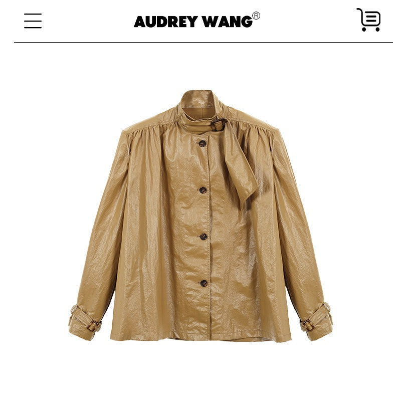 audreyyang Slimming Loose Cuffed Sleeves Button Women Mustard Green Leather Jackets