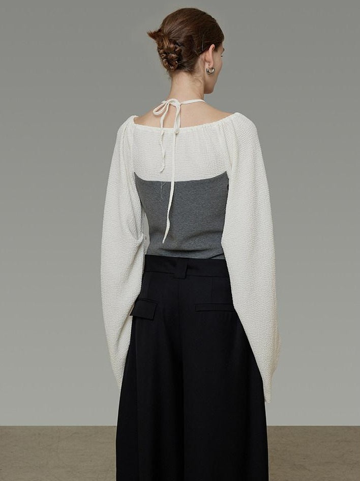 unspoken Breathable Cotton Contrast V-neck Loose Longsleeve Tie Front Women Blouses