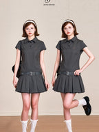 ikyou Breathable 100 Percent Cotton Embroidered A Line Polo Utility Gray Midi Dresses