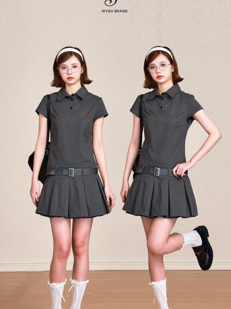 ikyou Breathable 100 Percent Cotton Embroidered A Line Polo Utility Gray Midi Dresses