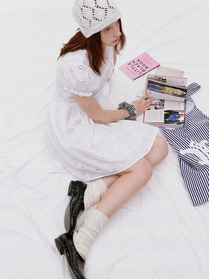 fano Pure Cotton Breathable Korean Workwear A Line Round Neck White Midi Dresses