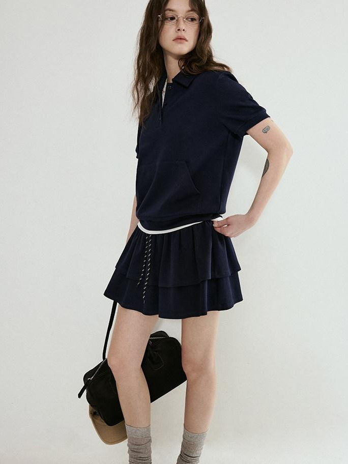 fano Navy Polo Short Sleeve Two Piece Pullover Mini Skirt For Women Top & Skirt Sets