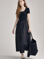 fano Cotton High Waist A Line Square Neck Short Sleeve Office Casual Maxi Dresses