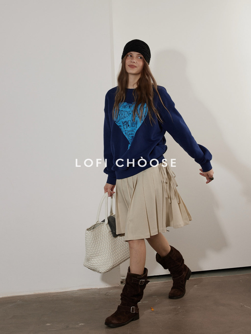 Lofi choose Fleece Lined Loose Fit Crewneck Pullover Commuter Red Navy Sweatshirt