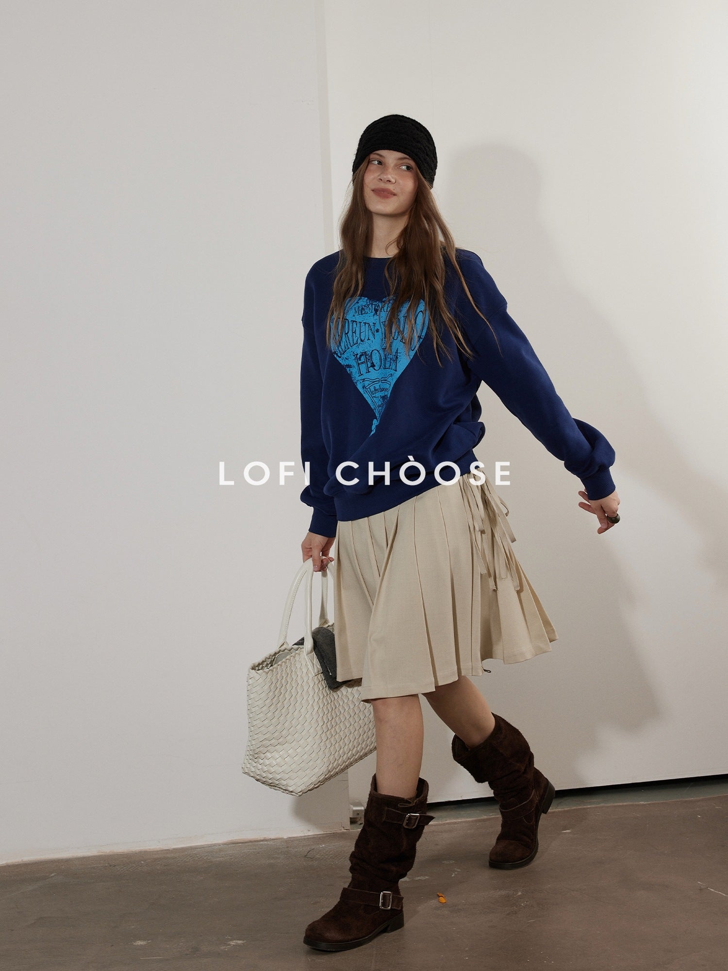 Lofi choose Fleece Lined Loose Fit Crewneck Pullover Commuter Red Navy Sweatshirt