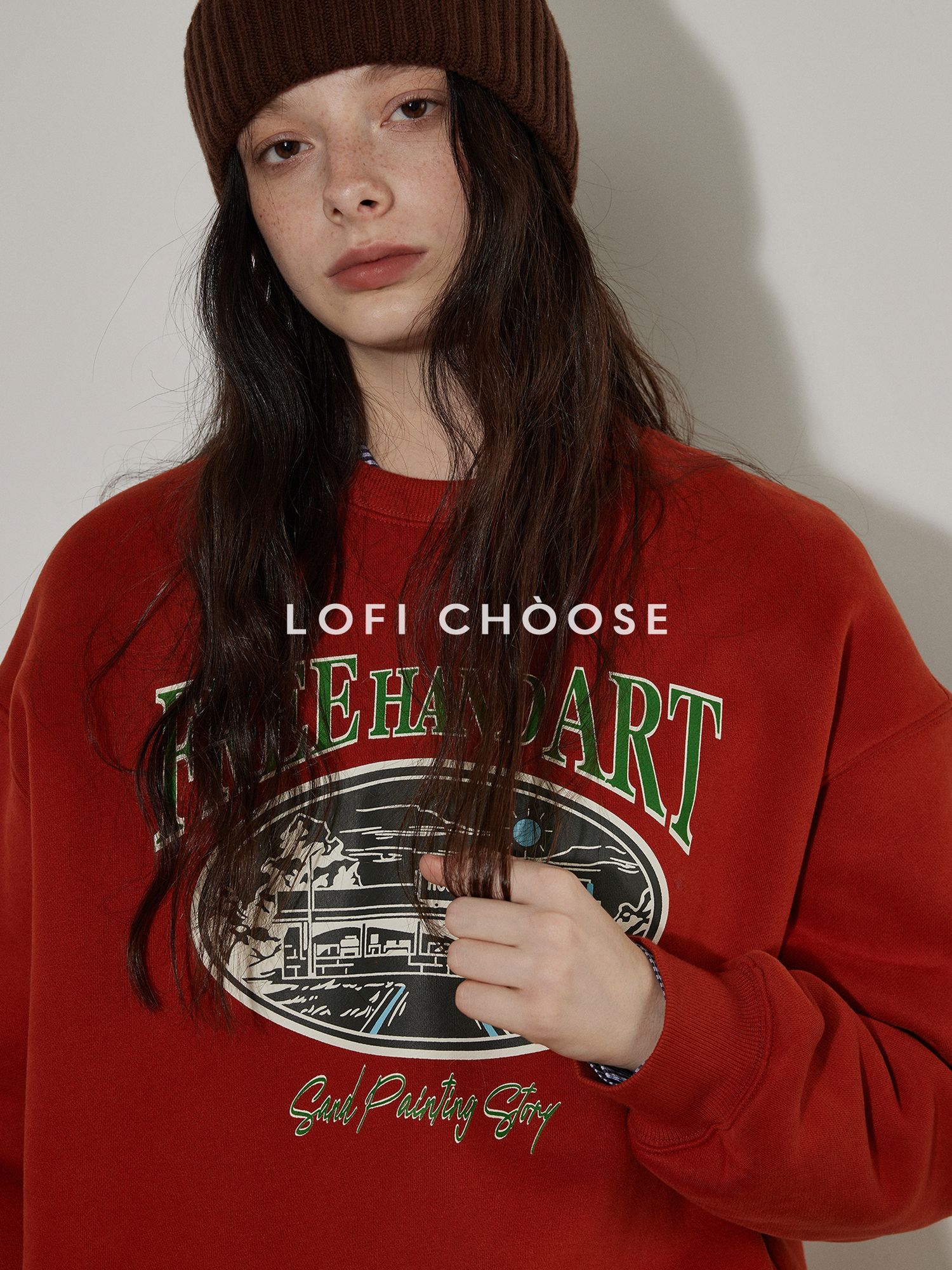 Lofi choose Cozy Thick Oversized Pullover Crewneck Cartoon Anime Print Vintage Red Sweatshirt