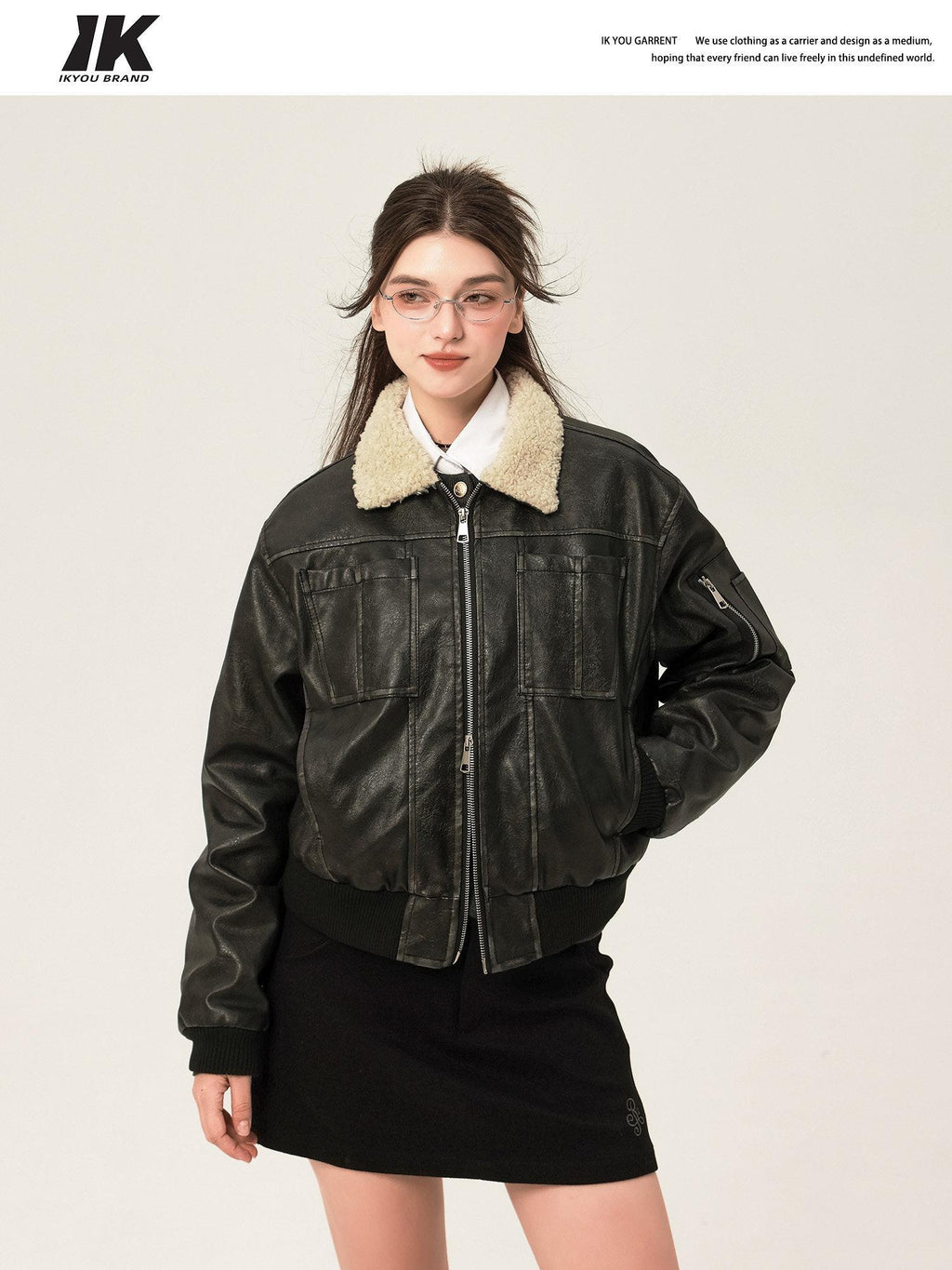 ikyou Thick Distressed Pu Patchwork Straight Zip Pockets Minimalist Leather Jackets
