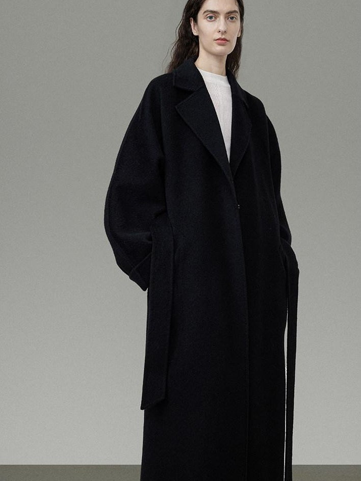 unspoken 100 Percent Wool Minimal Straight Long Tie Office Women Black Wool Coats
