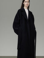 unspoken 100 Percent Wool Minimal Straight Long Tie Office Women Black Wool Coats